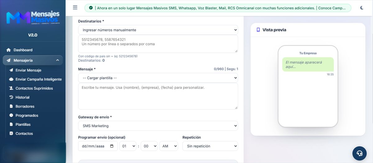 Formulario de envío de SMS con vista previa del mensaje en el teléfono