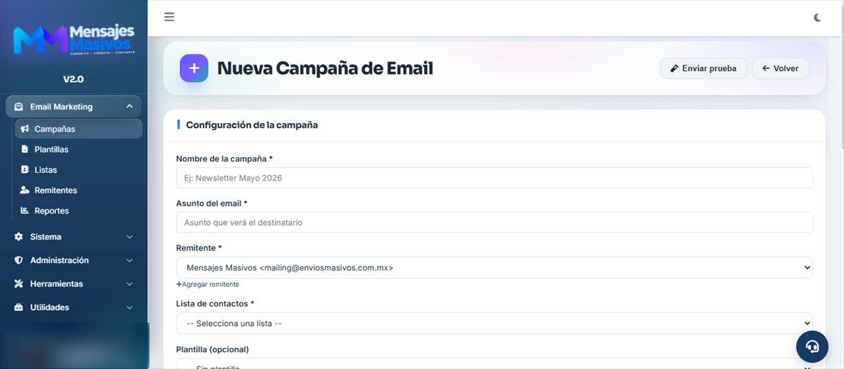 Formulario para crear una campaña de email con remitente y lista de contactos